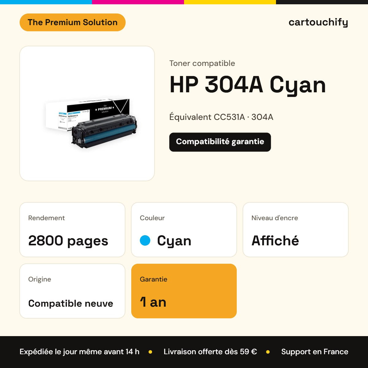 HP 304A Toner Cyan compatible équivalent à CC531A, 318 : caractéristiques