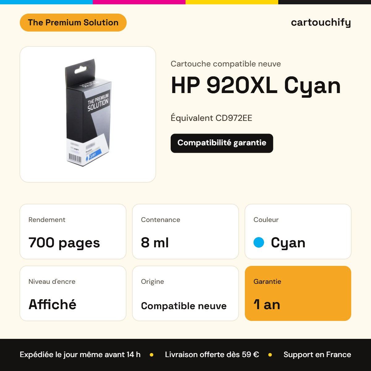 HP 920XL Cartouche Cyan compatible équivalent à CD972EE : caractéristiques