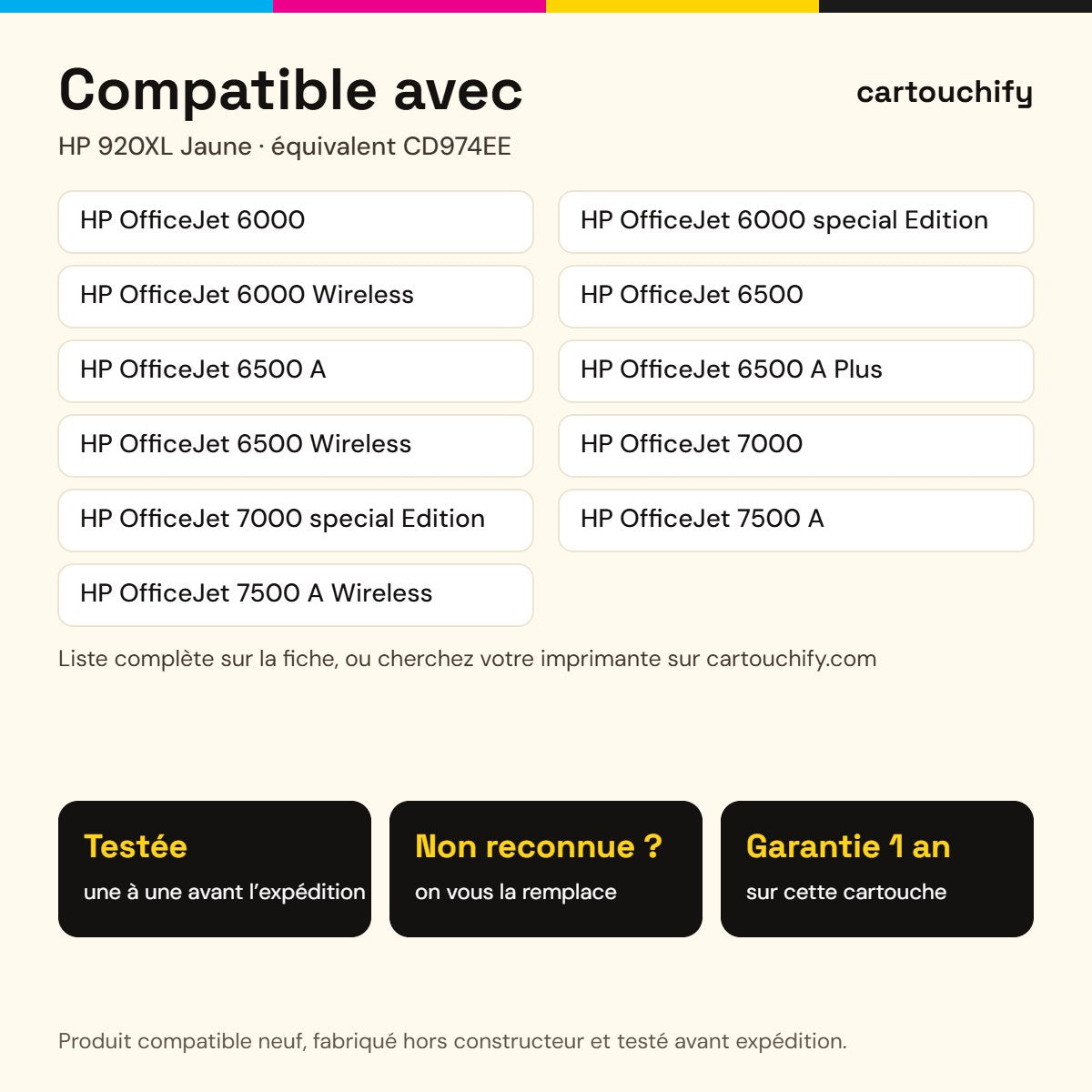 Imprimantes compatibles avec HP 920XL Cartouche Jaune compatible équivalent à CD974EE