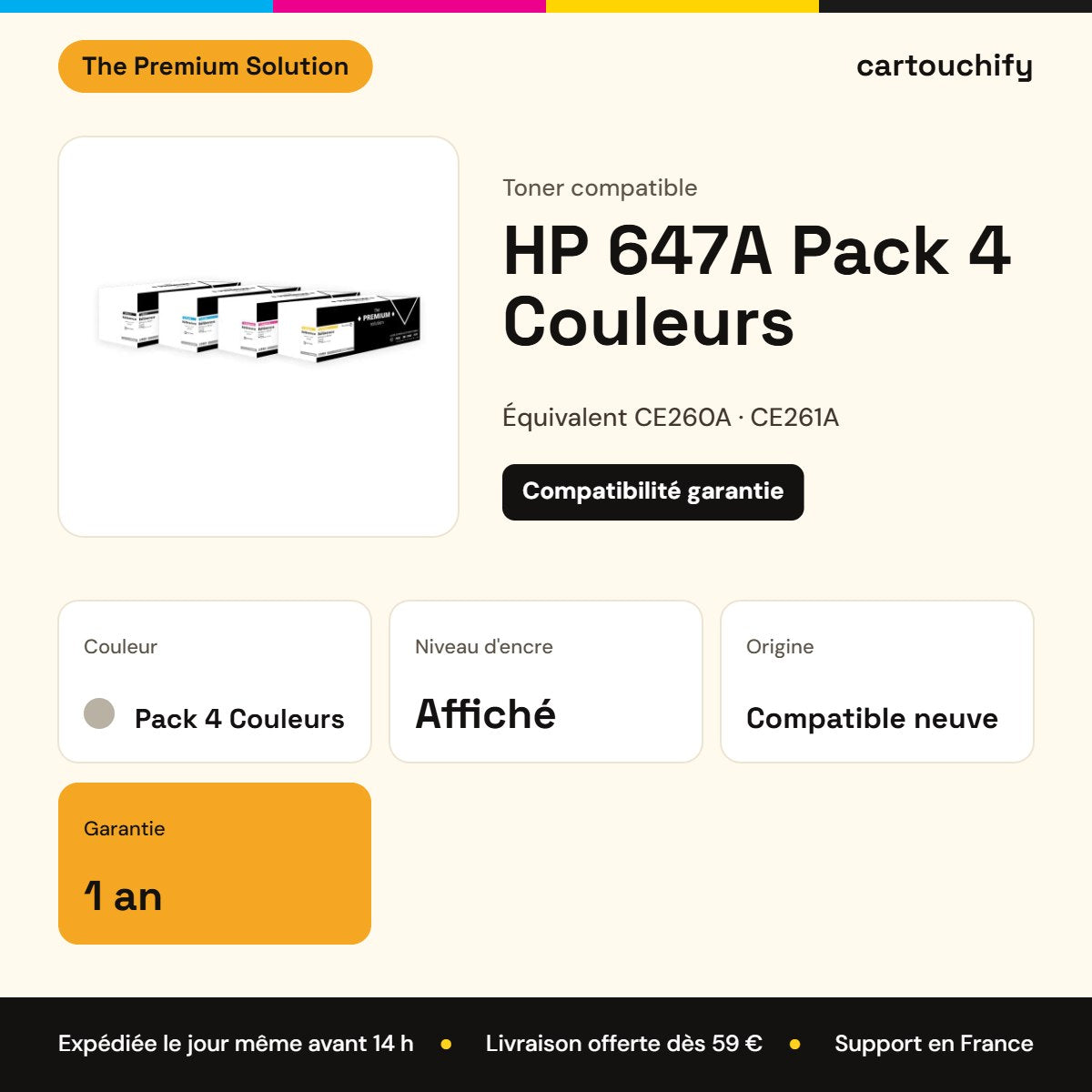 HP 647A Toner Pack 4 Couleurs compatible équivalent à CE260A, CE261A, CE262A : caractéristiques