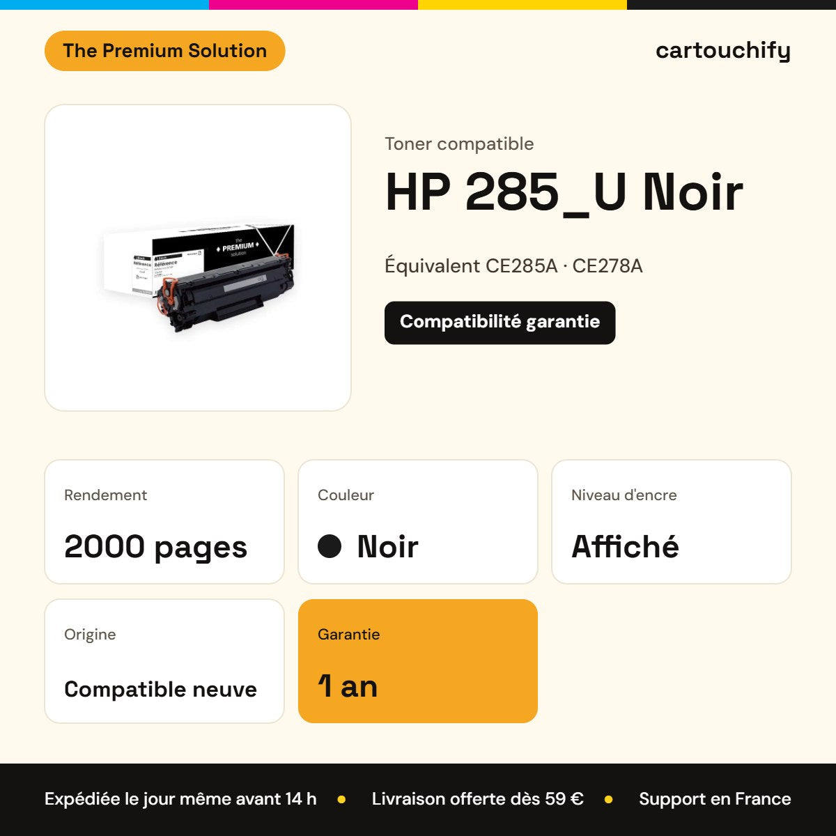 HP 285_U Toner Noir compatible équivalent à CE285A, CE278A, CB435A : caractéristiques