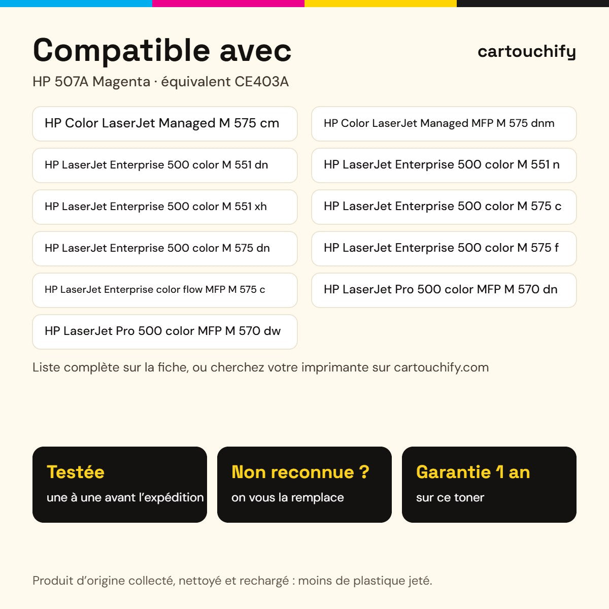 Imprimantes compatibles avec HP 507A Toner Magenta remanufacturé équivalent à CE403A