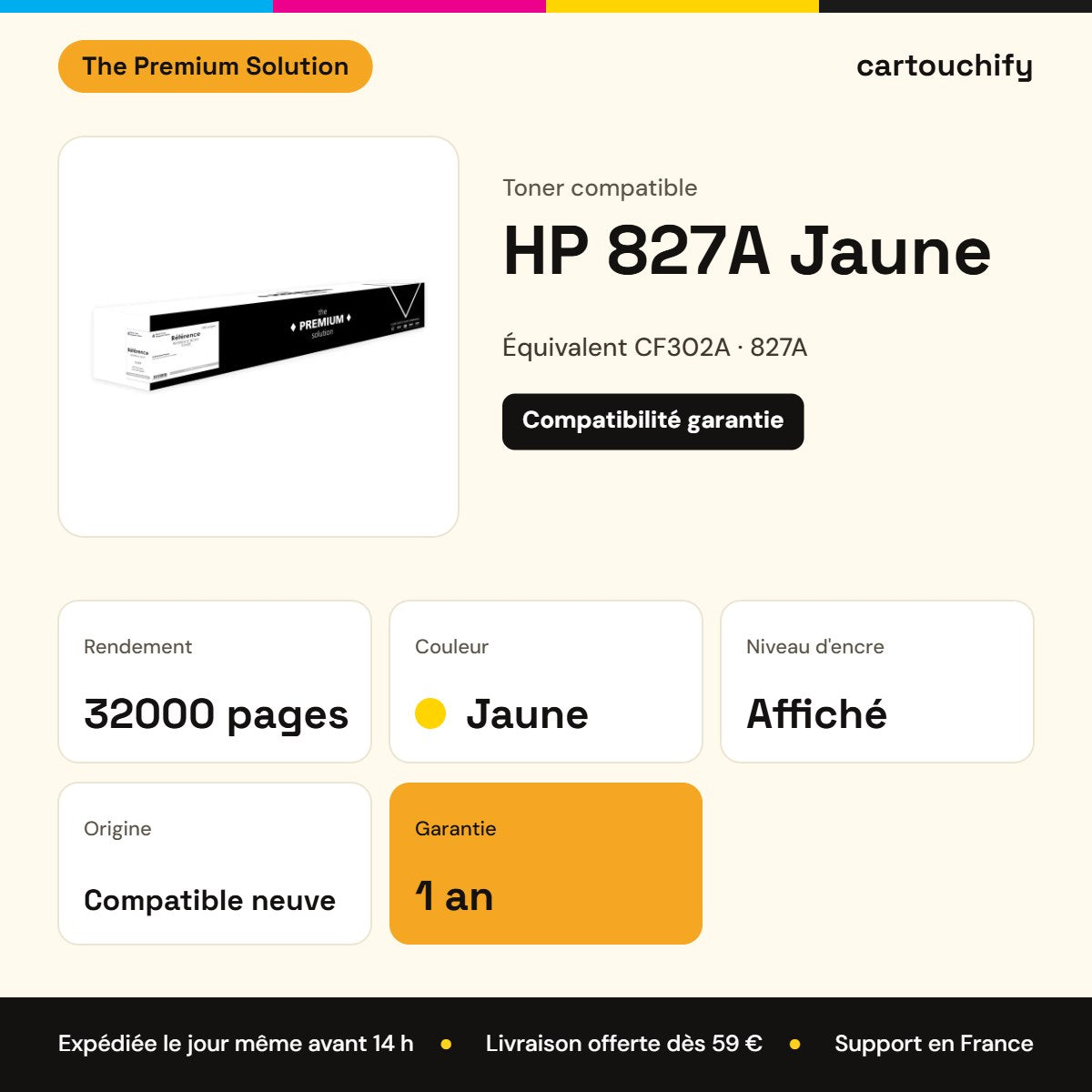 HP 827A Toner Jaune compatible équivalent à CF302A : caractéristiques