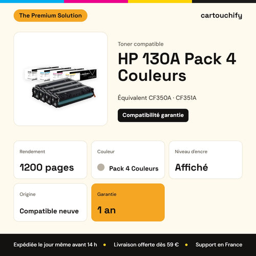 HP 130A Pack 4 Couleurs The Premium Solution : rendement 1200 pages, garantie 1 an