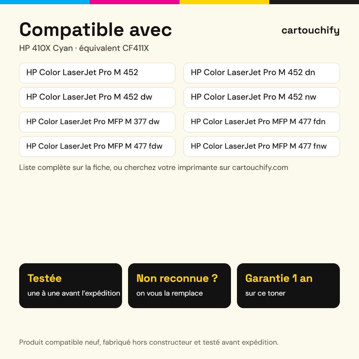 Imprimantes compatibles avec HP 410X Toner Cyan compatible équivalent à CF411X