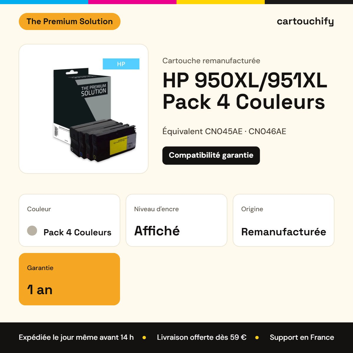 HP 950XL/951XL Cartouche Pack 4 Couleurs compatible équivalent à CN045AE, CN046AE, CN047AE : caractéristiques