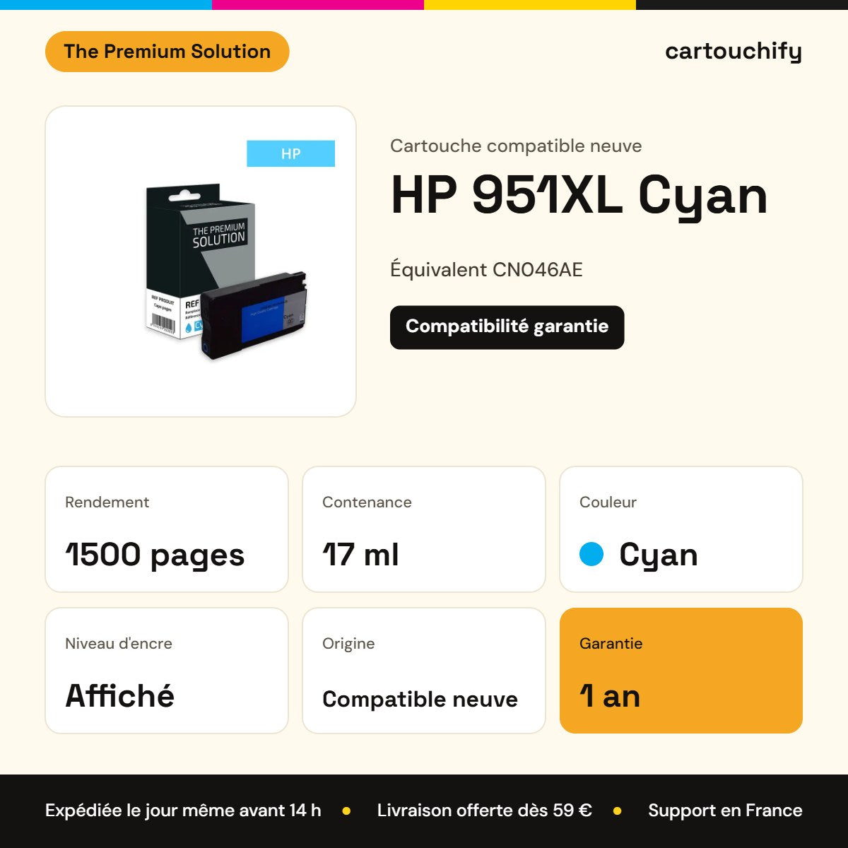 HP 951XL Cartouche Cyan compatible équivalent à CN046AE : caractéristiques