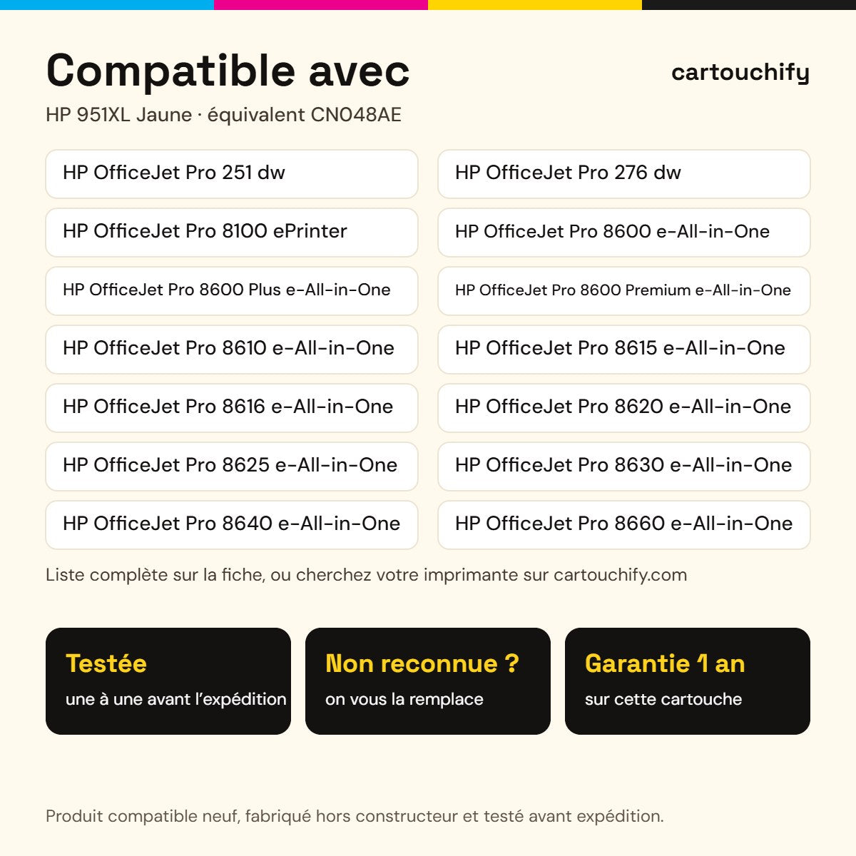 Imprimantes compatibles avec HP 951XL Cartouche Jaune compatible équivalent à CN048AE