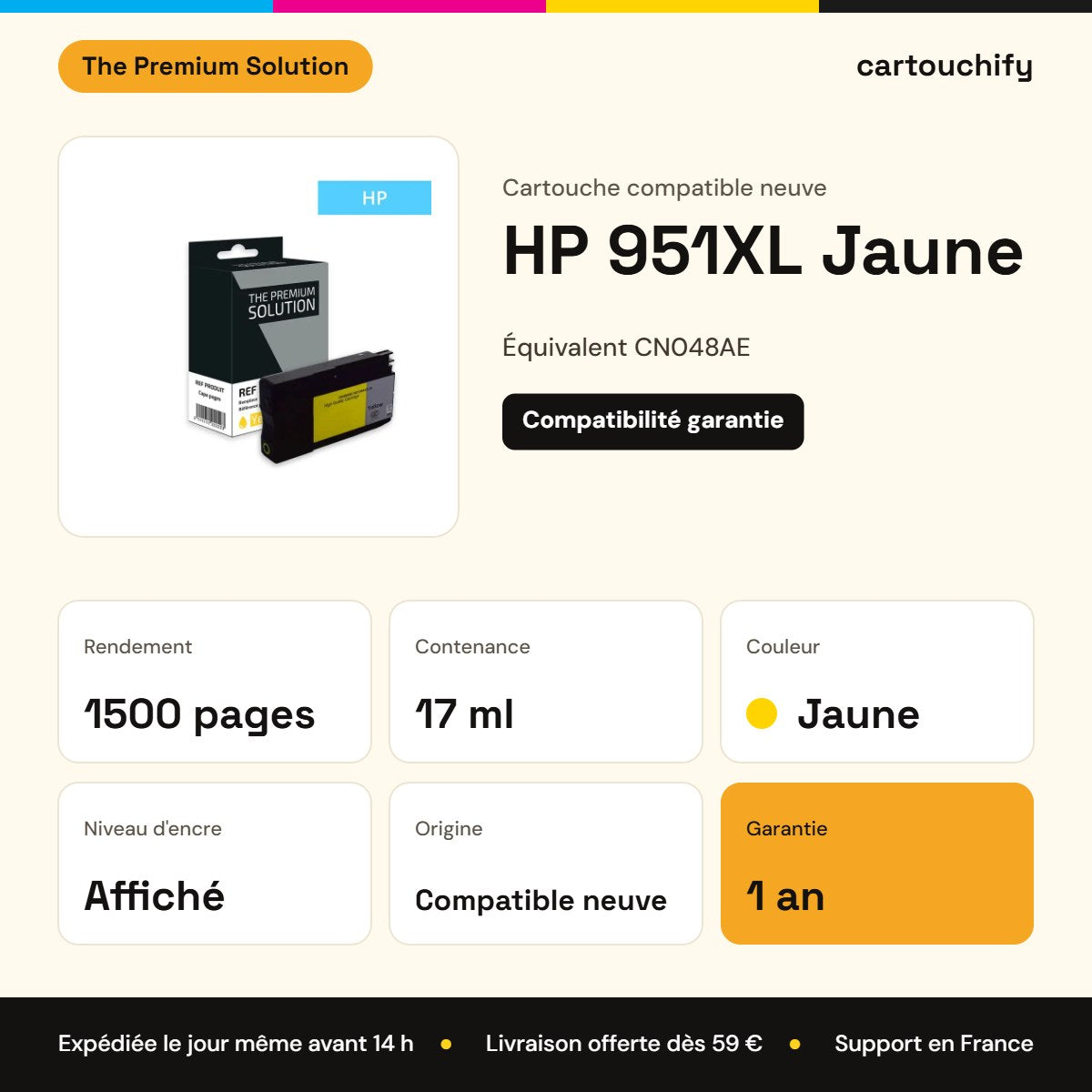HP 951XL Cartouche Jaune compatible équivalent à CN048AE : caractéristiques