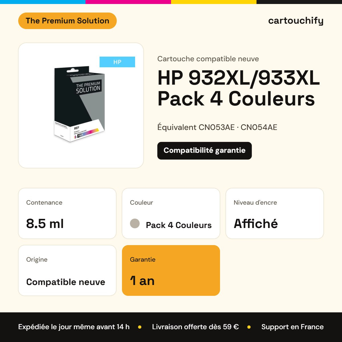 HP 932XL/933XL Cartouche Pack 4 Couleurs compatible équivalent à CN053AE, CN054AE, CN055AE : caractéristiques