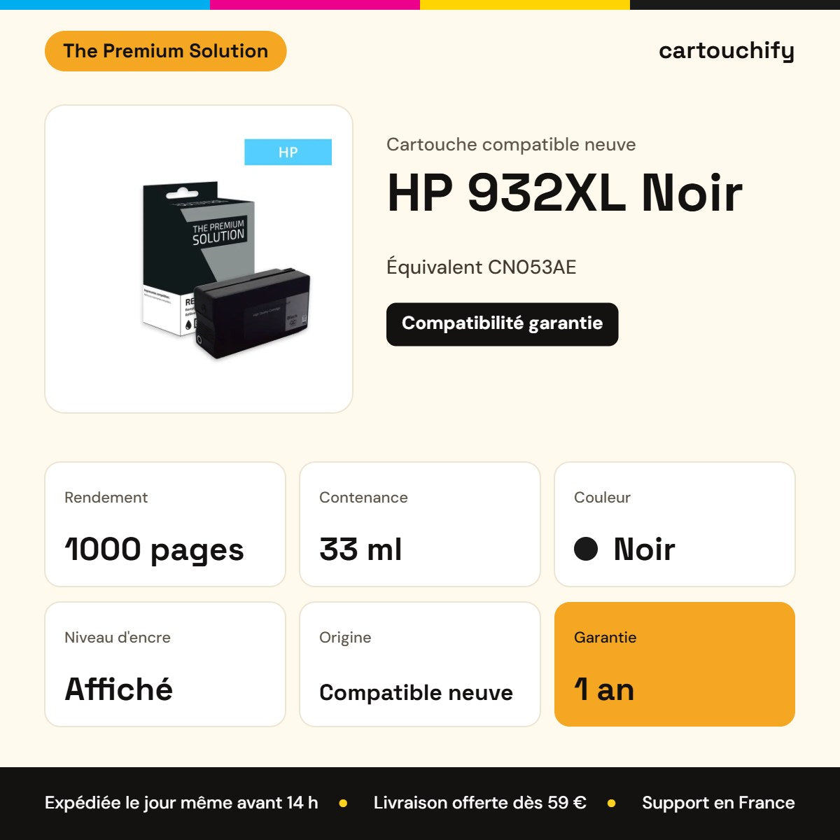 HP 932XL Cartouche Noir compatible équivalent à CN053AE : caractéristiques