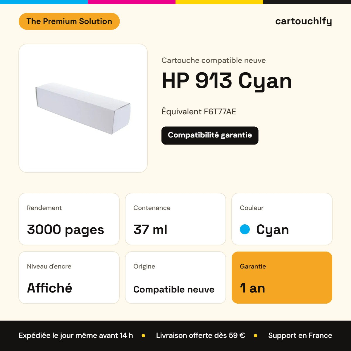 HP 913 Cartouche Cyan compatible équivalent à F6T77AE : caractéristiques