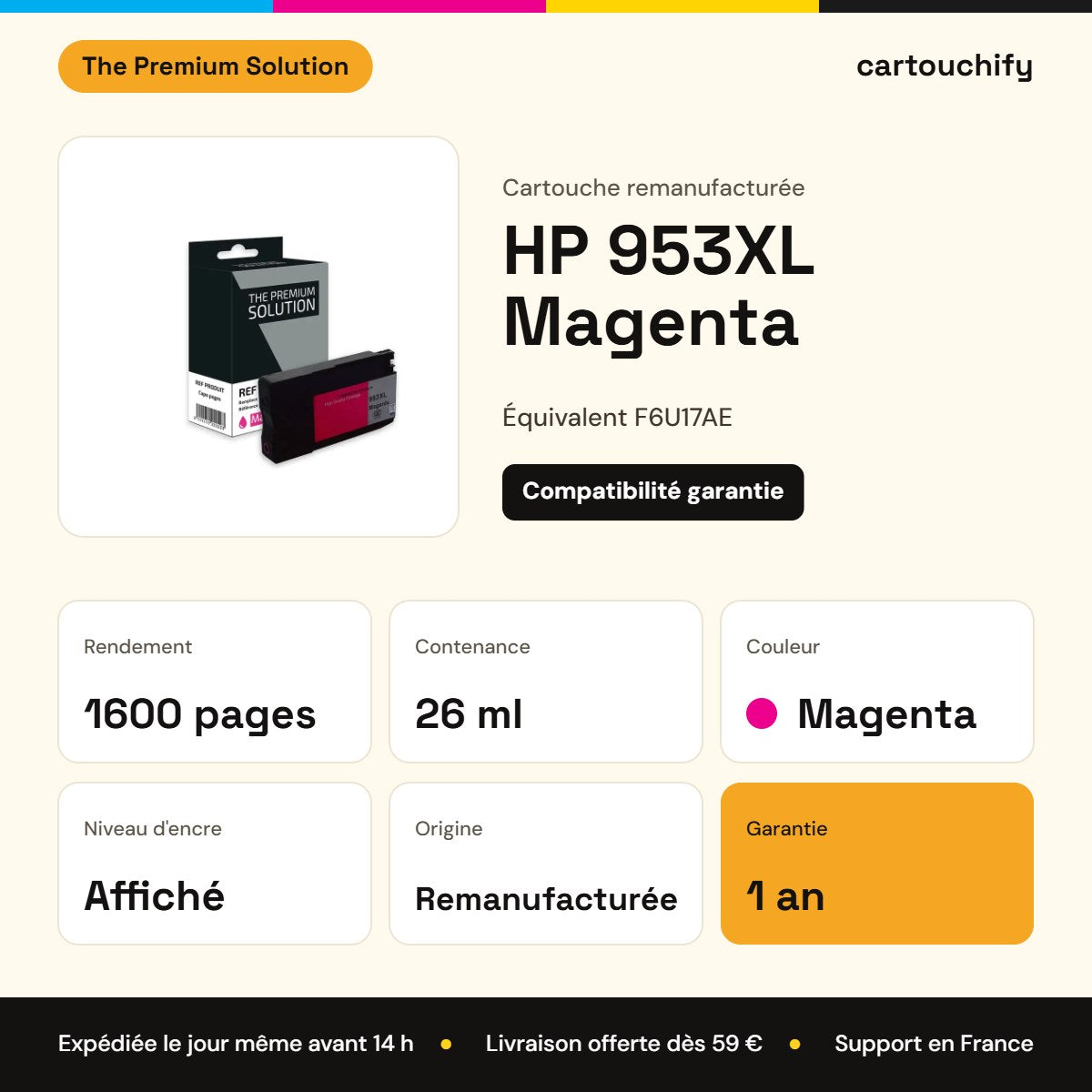 HP 953XL Cartouche Magenta remanufacturé équivalent à F6U17AE : caractéristiques
