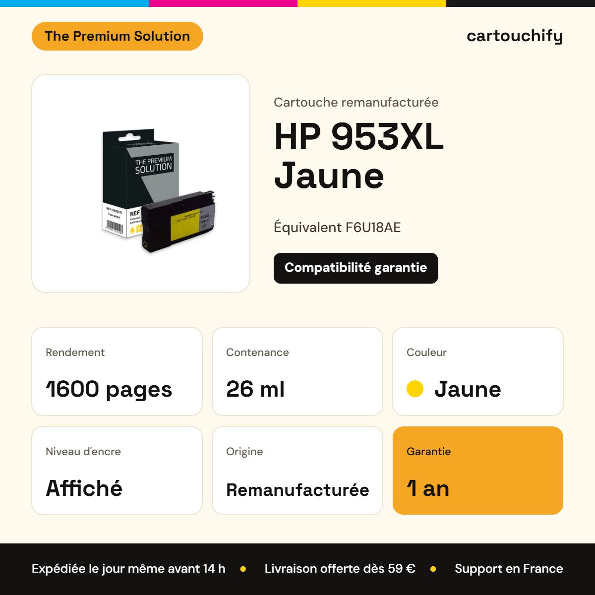 HP 953XL Cartouche Jaune remanufacturé équivalent à F6U18AE : caractéristiques