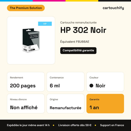 HP 302 Noir The Premium Solution : rendement 200 pages, 6 ml, garantie 1 an