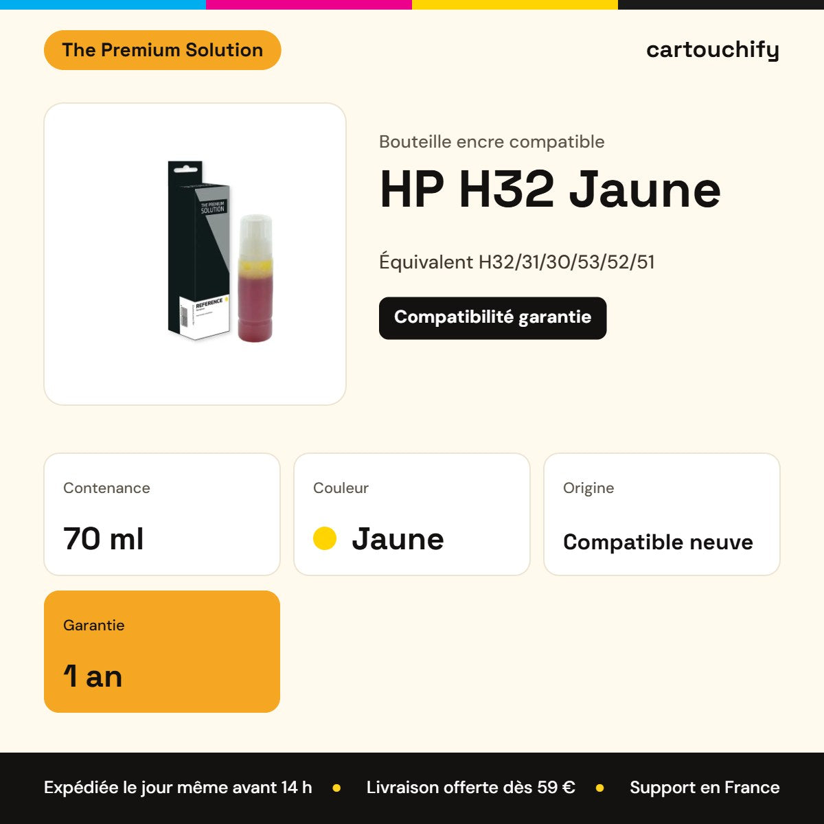 HP H32 Bouteille encre Jaune compatible : caractéristiques