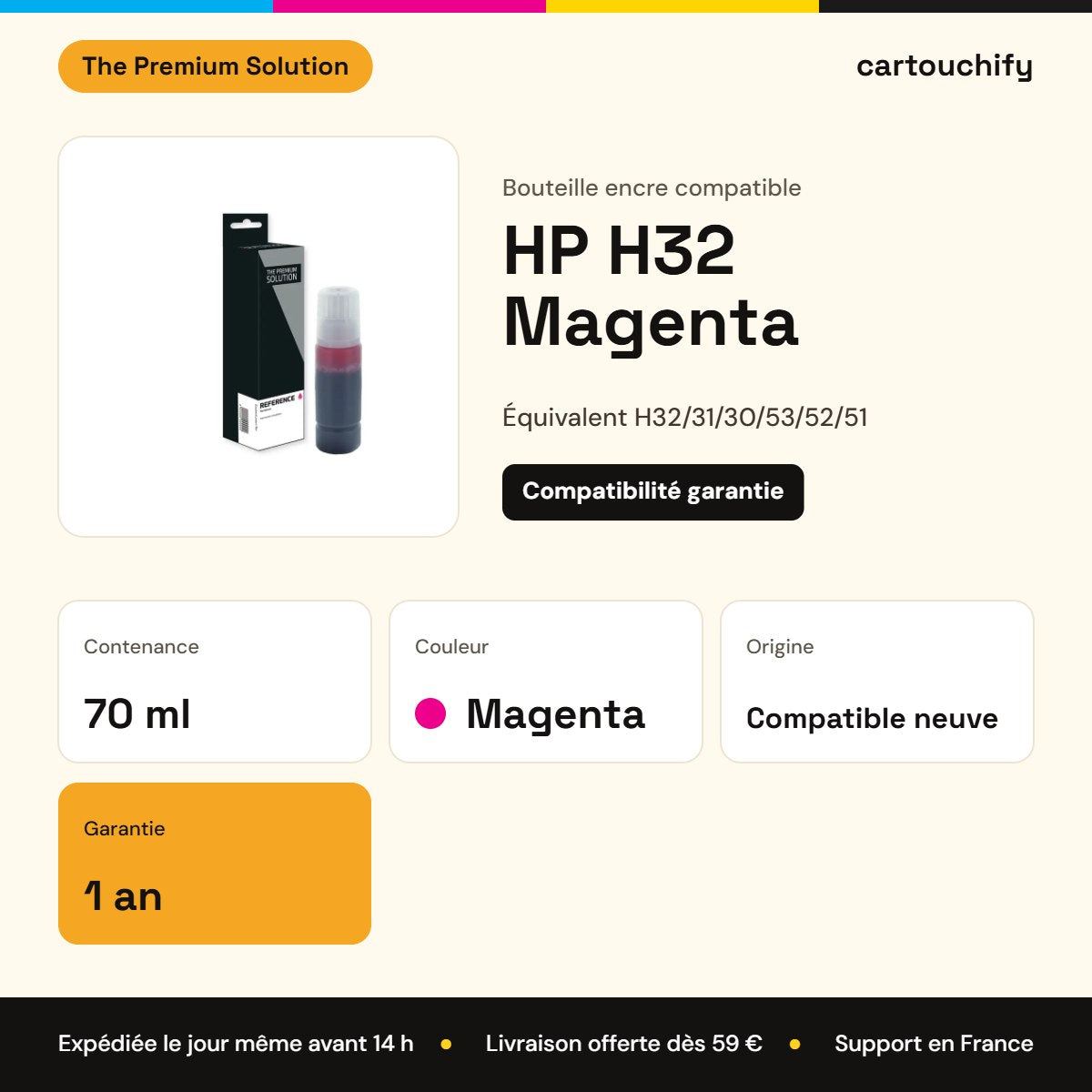 HP H32 Bouteille encre Magenta compatible : caractéristiques