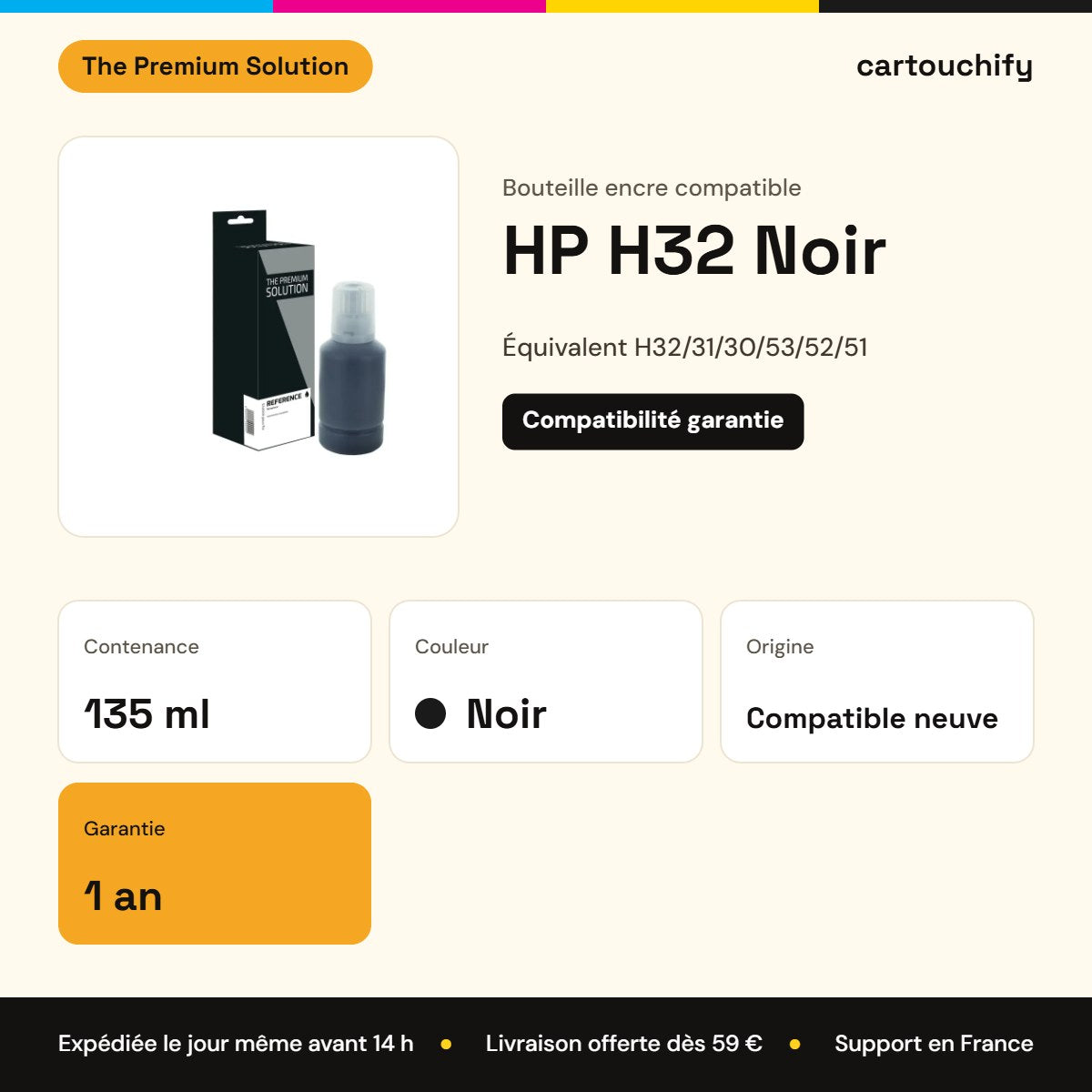 HP H32 Bouteille encre Noir compatible : caractéristiques