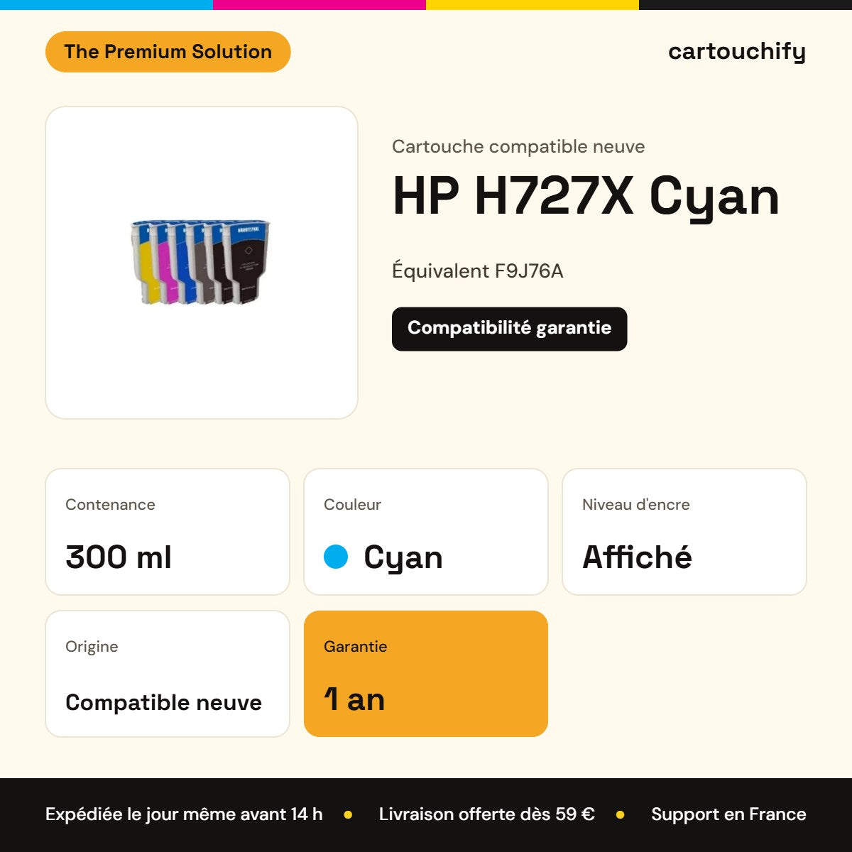 HP H727X Cartouche Cyan compatible équivalent à F9J76A : caractéristiques