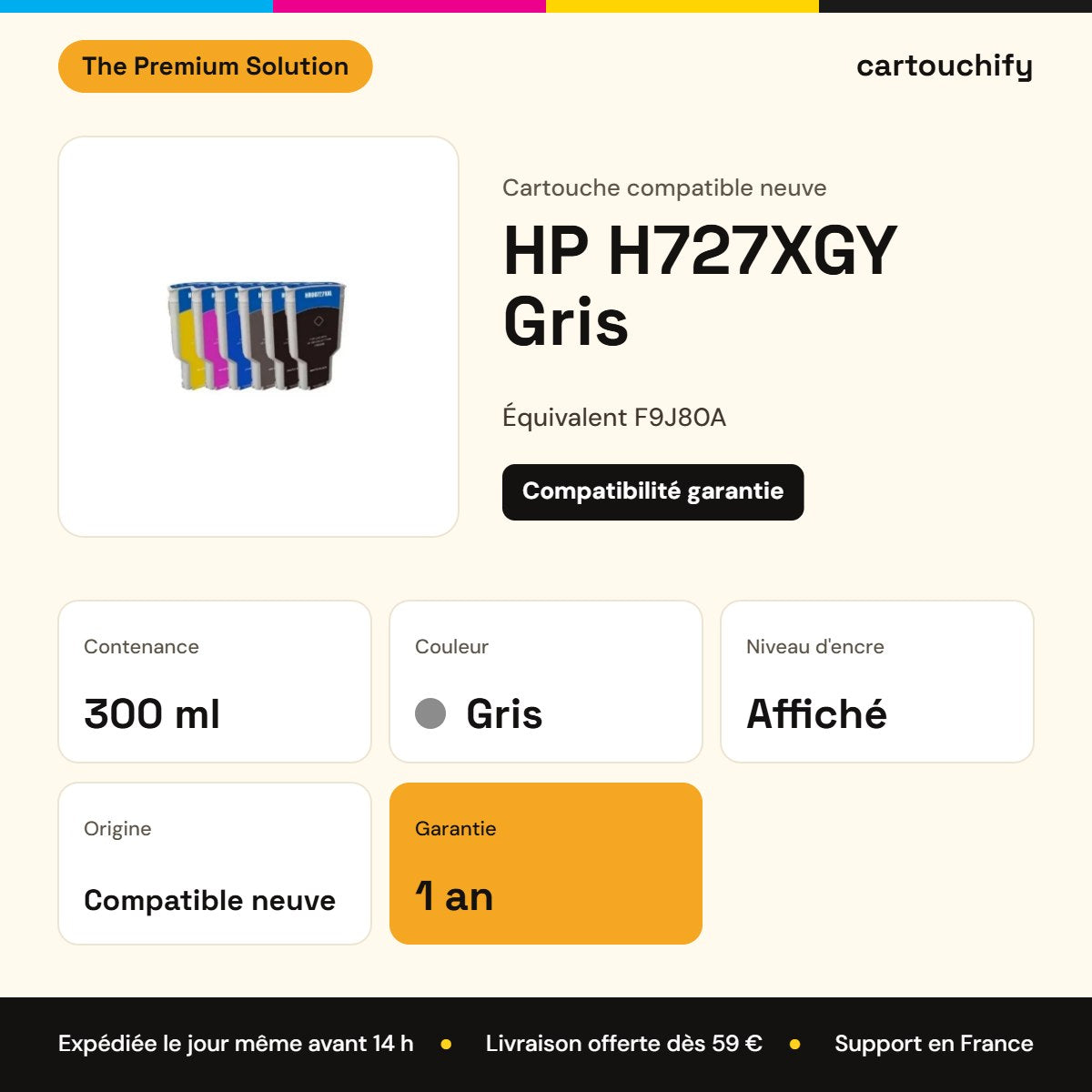 HP H727XGY Cartouche Gris compatible équivalent à F9J80A : caractéristiques