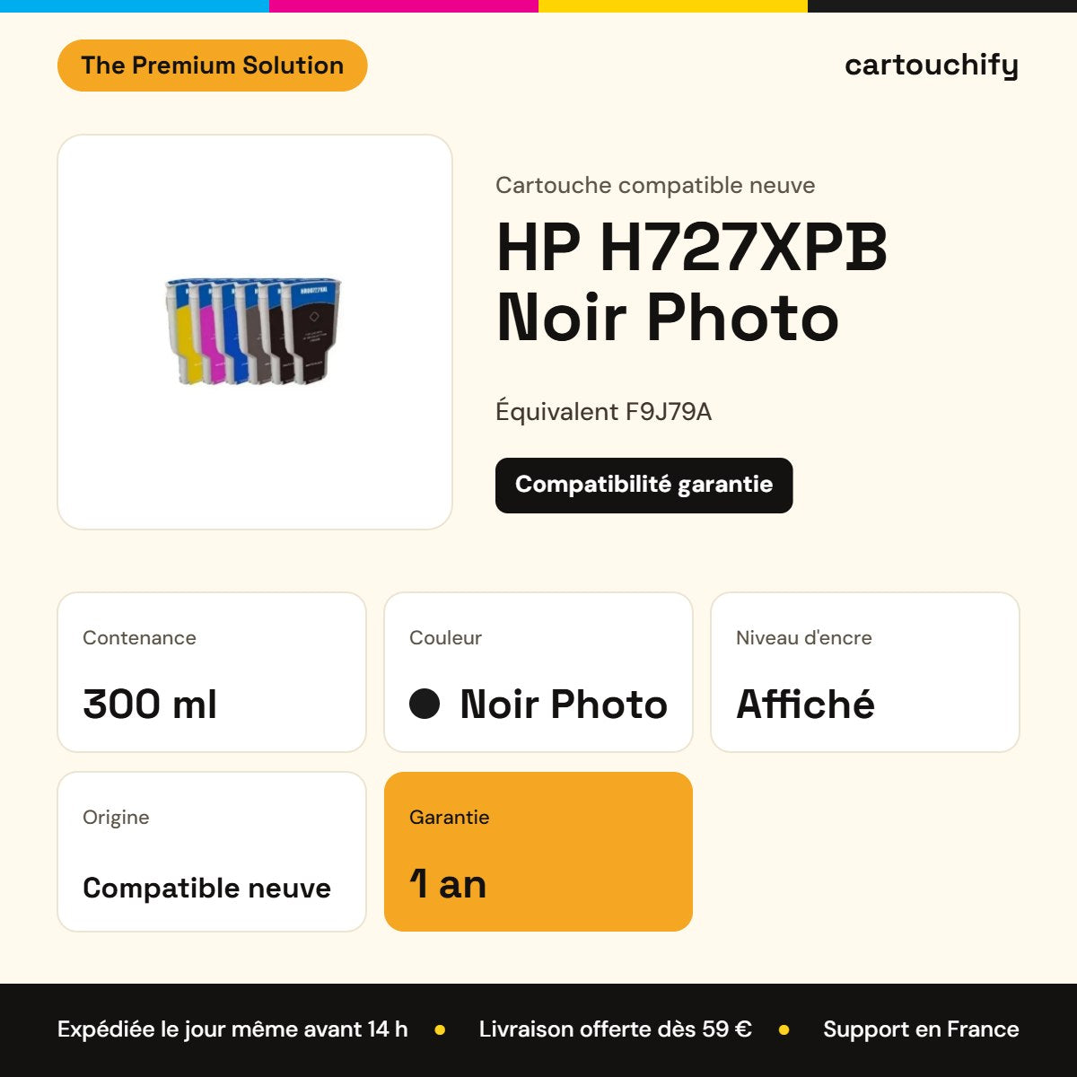 HP H727XPB Cartouche Noir Photo compatible équivalent à F9J79A : caractéristiques
