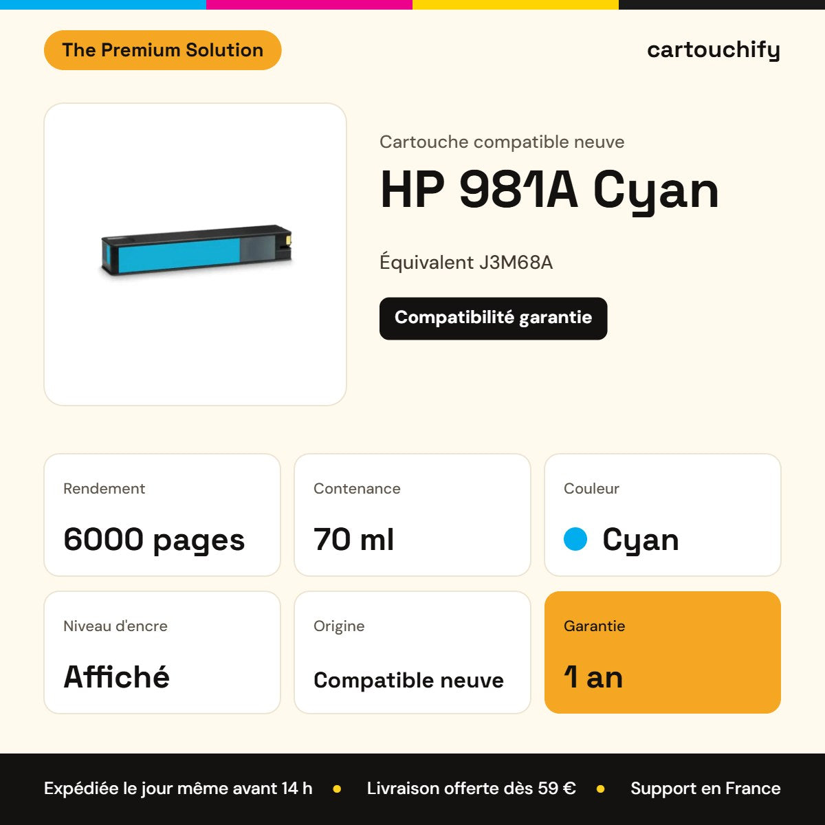 HP 981A Cartouche Cyan compatible équivalent à J3M68A : caractéristiques