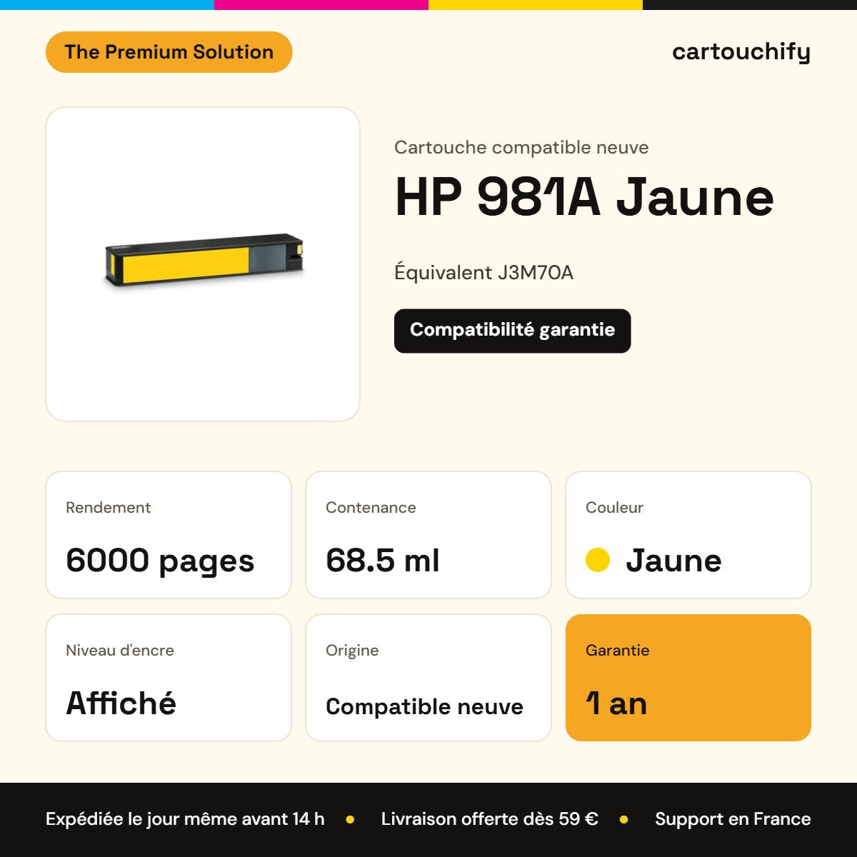 HP 981A Cartouche Jaune compatible équivalent à J3M70A : caractéristiques