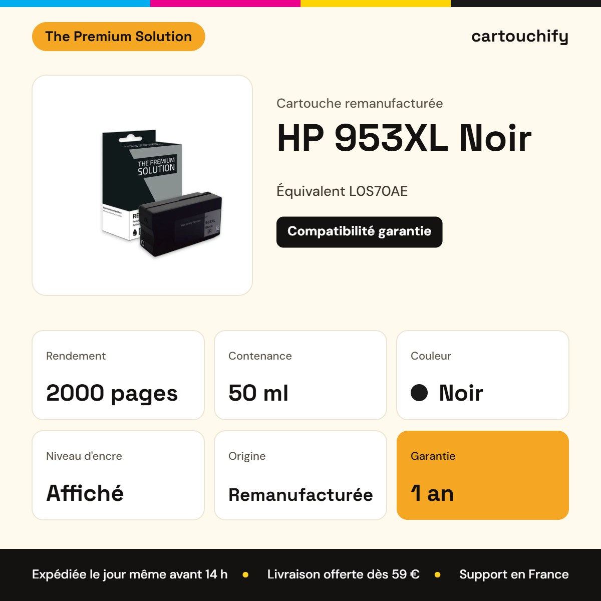 HP 953XL Cartouche Noir remanufacturé équivalent à L0S70AE : caractéristiques