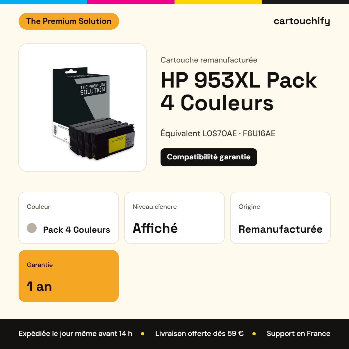 HP 953XL Cartouche Pack 4 Couleurs remanufacturé équivalent à L0S70AE, F6U16AE, F6U17AE : caractéristiques
