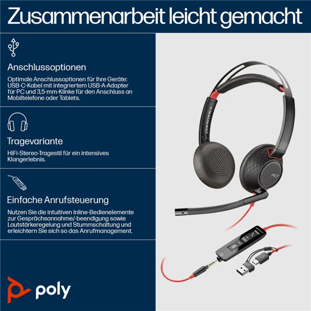 HP Poly Blackwire 5220 Casque stéréo USB-C + prise 3,5 mm + adaptateur USB-C/A Noir(e) (8X231AA) - audio