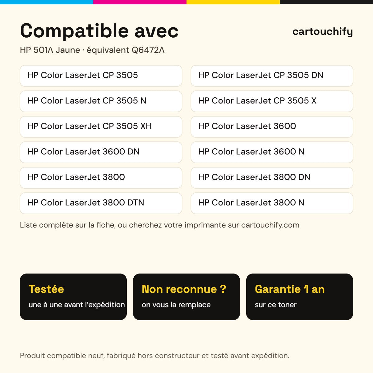 Imprimantes compatibles avec HP 501A Toner Jaune compatible équivalent à Q6472A, 502A, 311