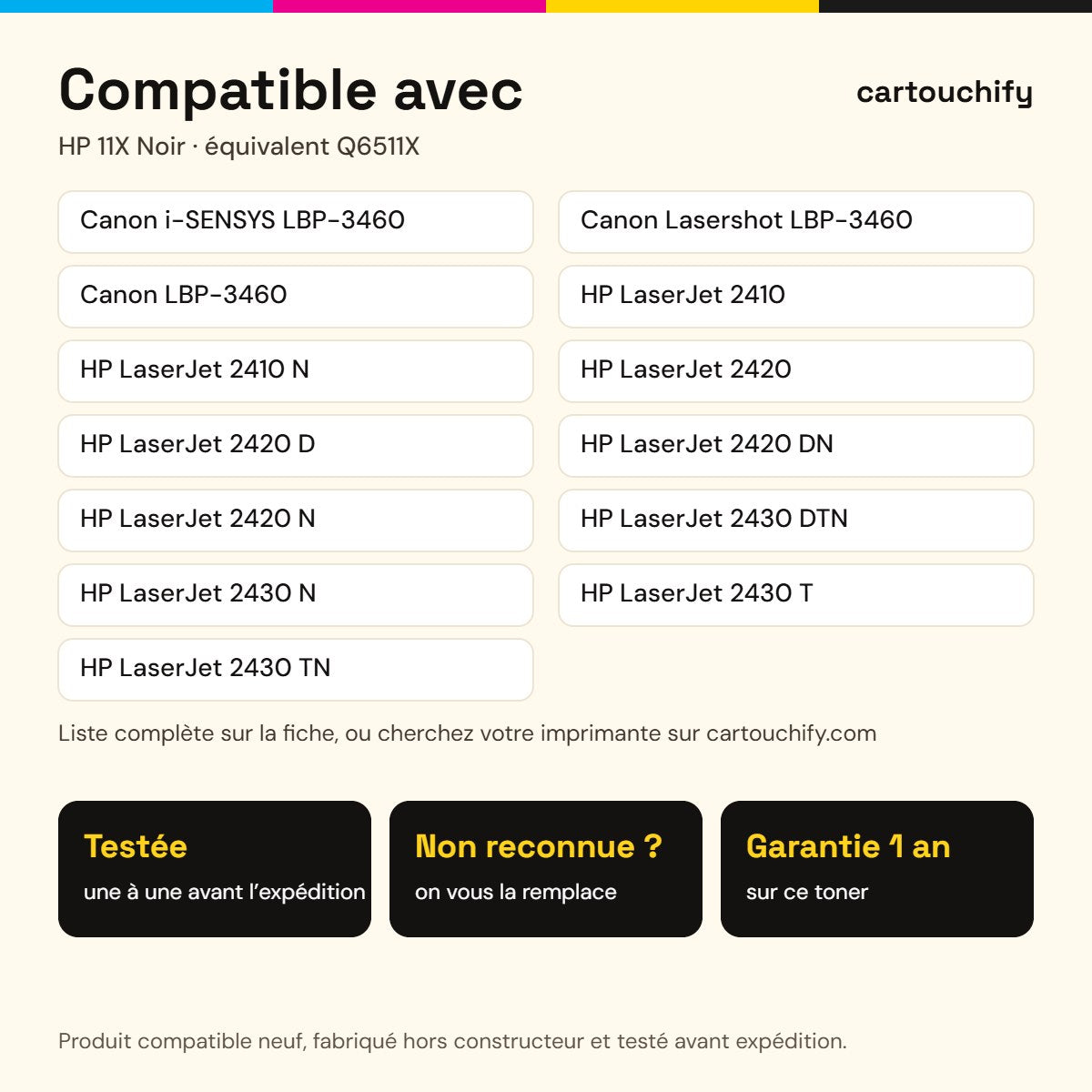 Imprimantes compatibles avec HP 11X Toner Noir compatible équivalent à Q6511X, 310, 710