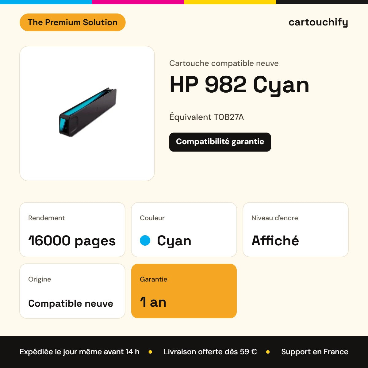 HP 982 Cartouche Cyan compatible équivalent à T0B27A : caractéristiques