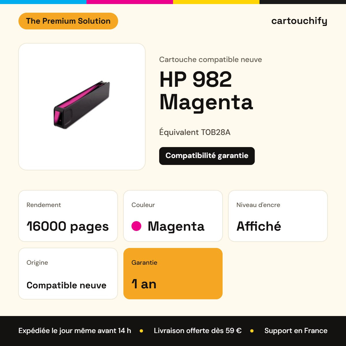 HP 982 Cartouche Magenta compatible équivalent à T0B28A : caractéristiques