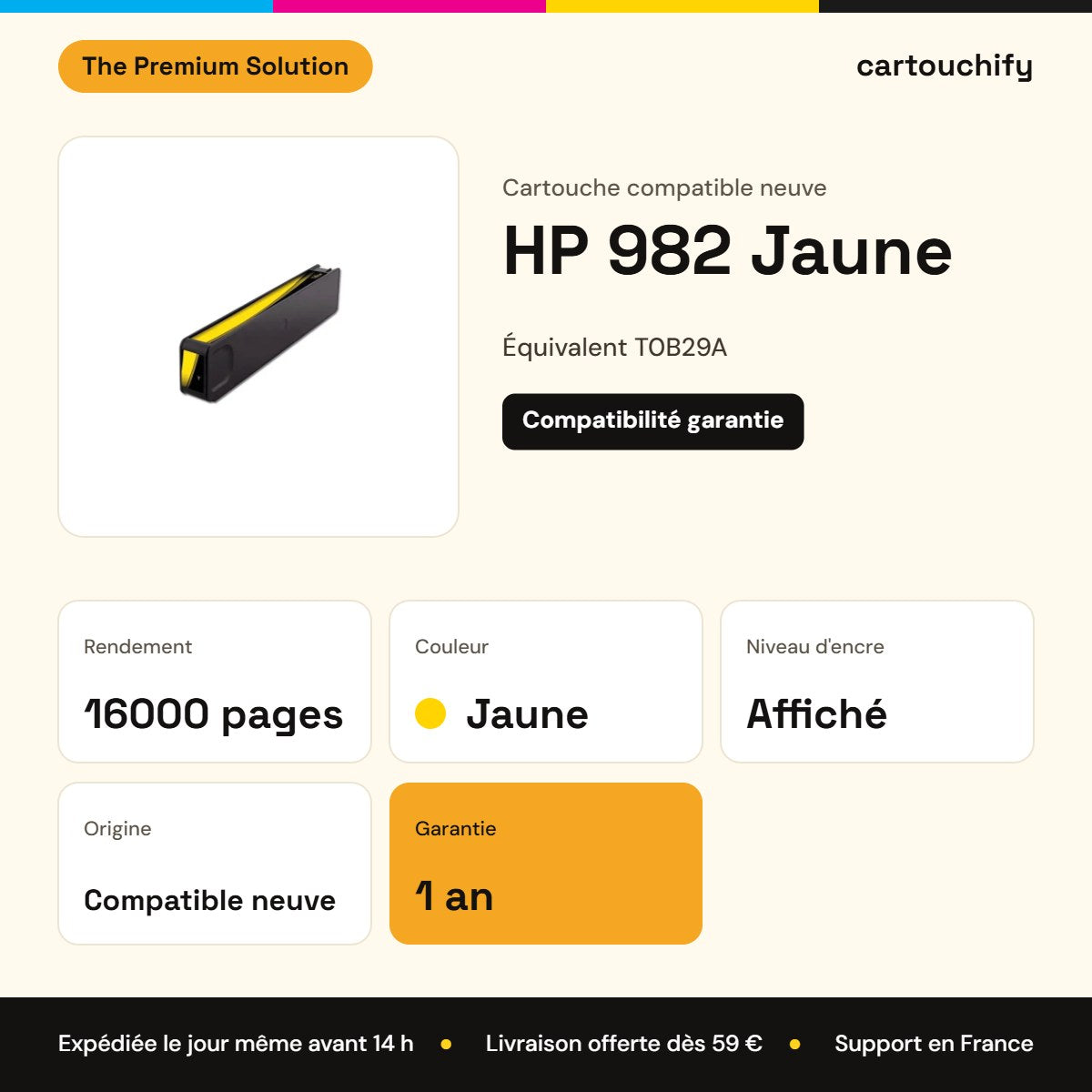 HP 982 Cartouche Jaune compatible équivalent à T0B29A : caractéristiques