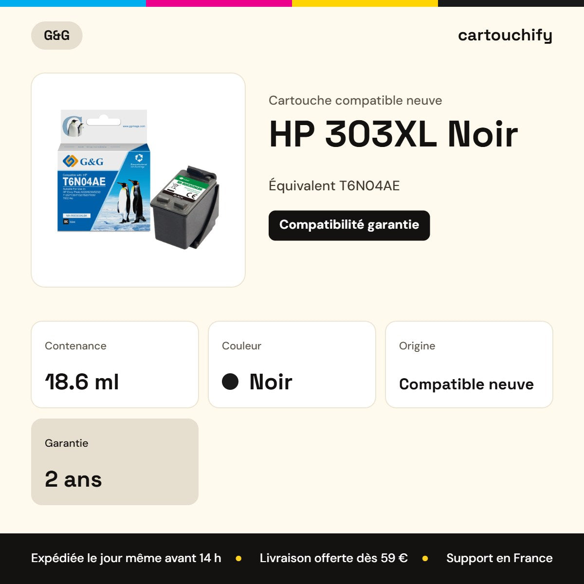 HP 303XL Noir G&G : 18.6 ml, garantie 2 ans
