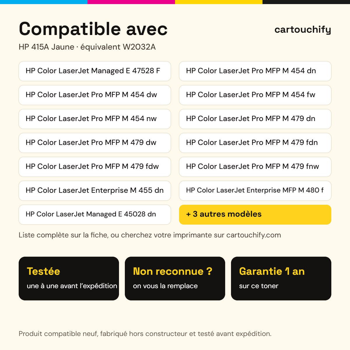 Imprimantes compatibles avec HP 415A Toner Jaune compatible équivalent à W2032A