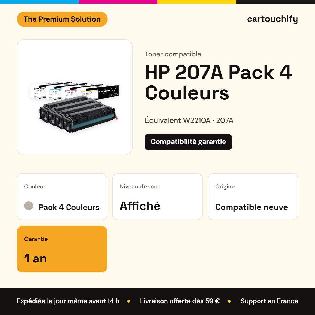 HP 207A Toner Pack 4 Couleurs compatible équivalent à W2210A, W2211A, W2212A : caractéristiques