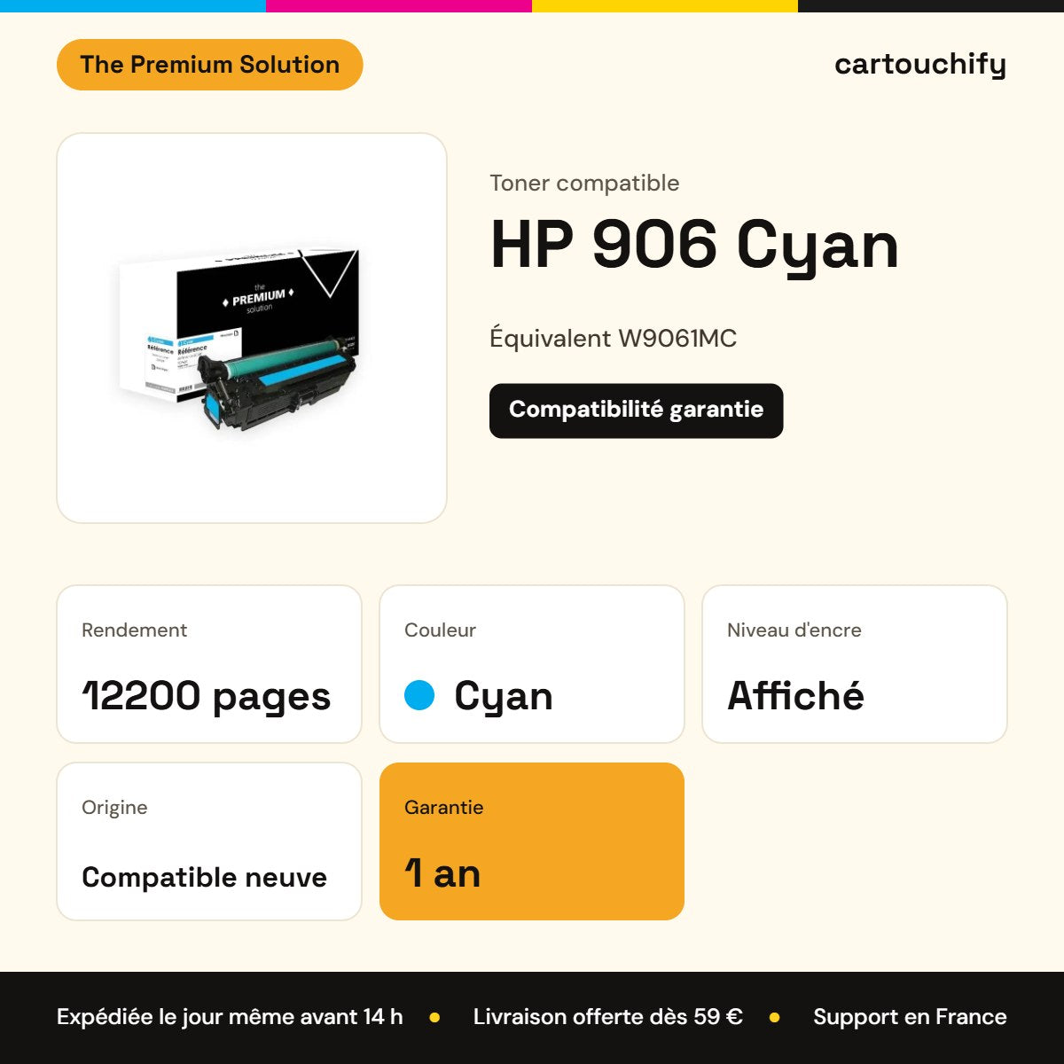HP 906 Toner Cyan compatible équivalent à W9061MC : caractéristiques