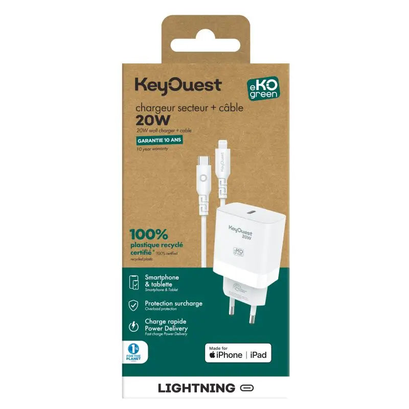 Kit Chargeur Secteur eKOgreen recyclé 20W + Câble Lightning - Blanc