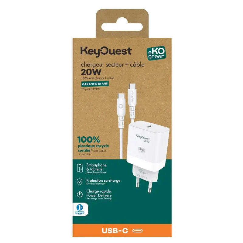 Kit Chargeur Secteur eKOgreen recyclé 20W + Câble USB-C - Blanc