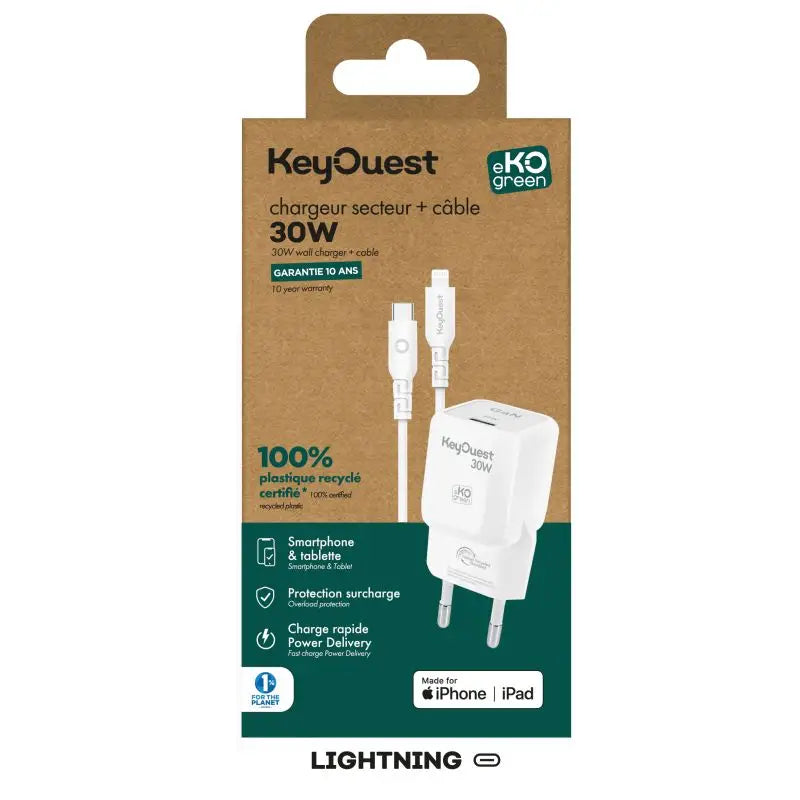 Kit Chargeur Secteur eKOgreen recyclé GaN 30W + USB-C/Light - Blanc