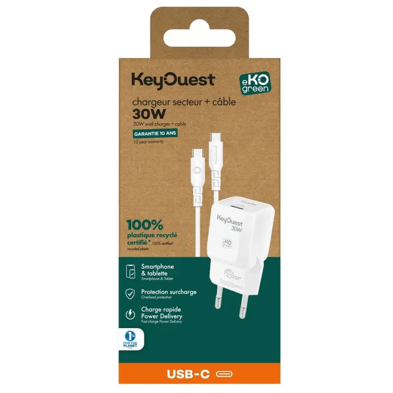 Kit Chargeur Secteur eKOgreen recyclé GaN 30W + USB-C/USB-C - Blanc