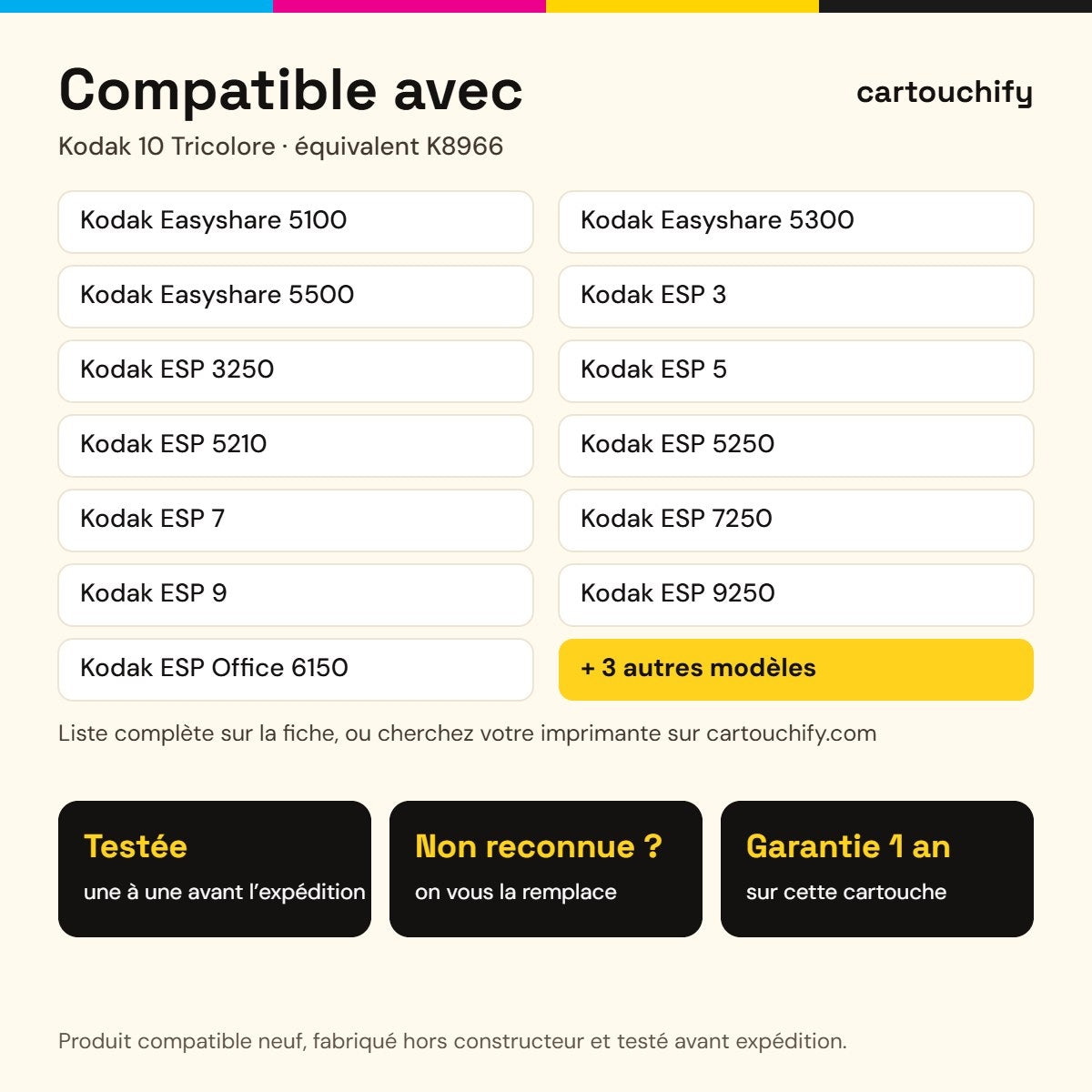 Imprimantes compatibles avec Kodak 10 Cartouche Tricolore compatible équivalent à K8966