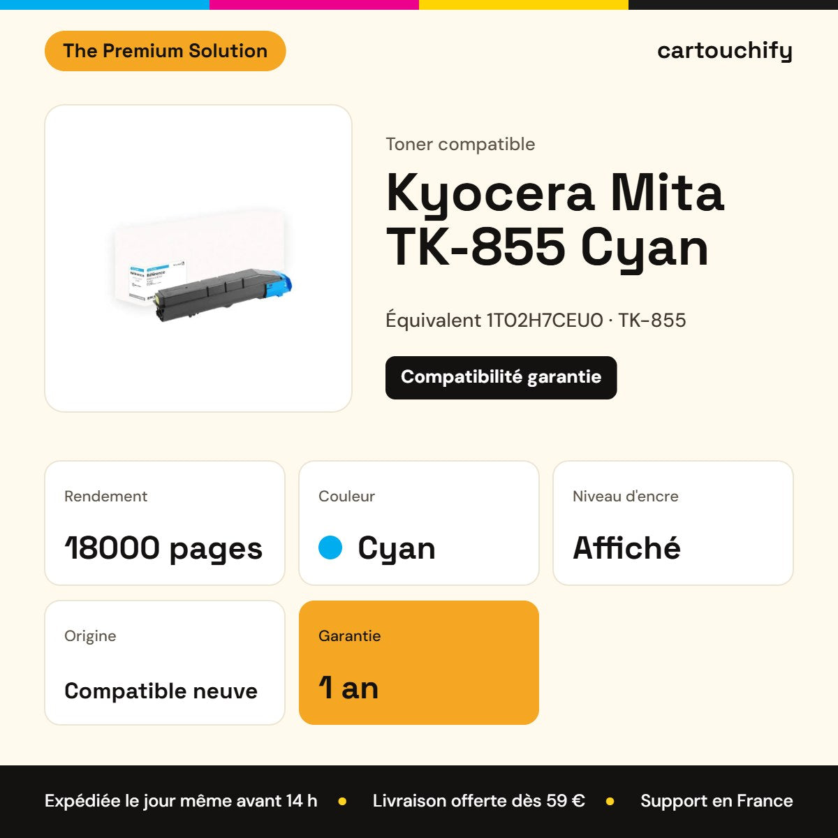 Kyocera Mita TK-855 Toner Cyan compatible équivalent à 1T02H7CEU0 : caractéristiques