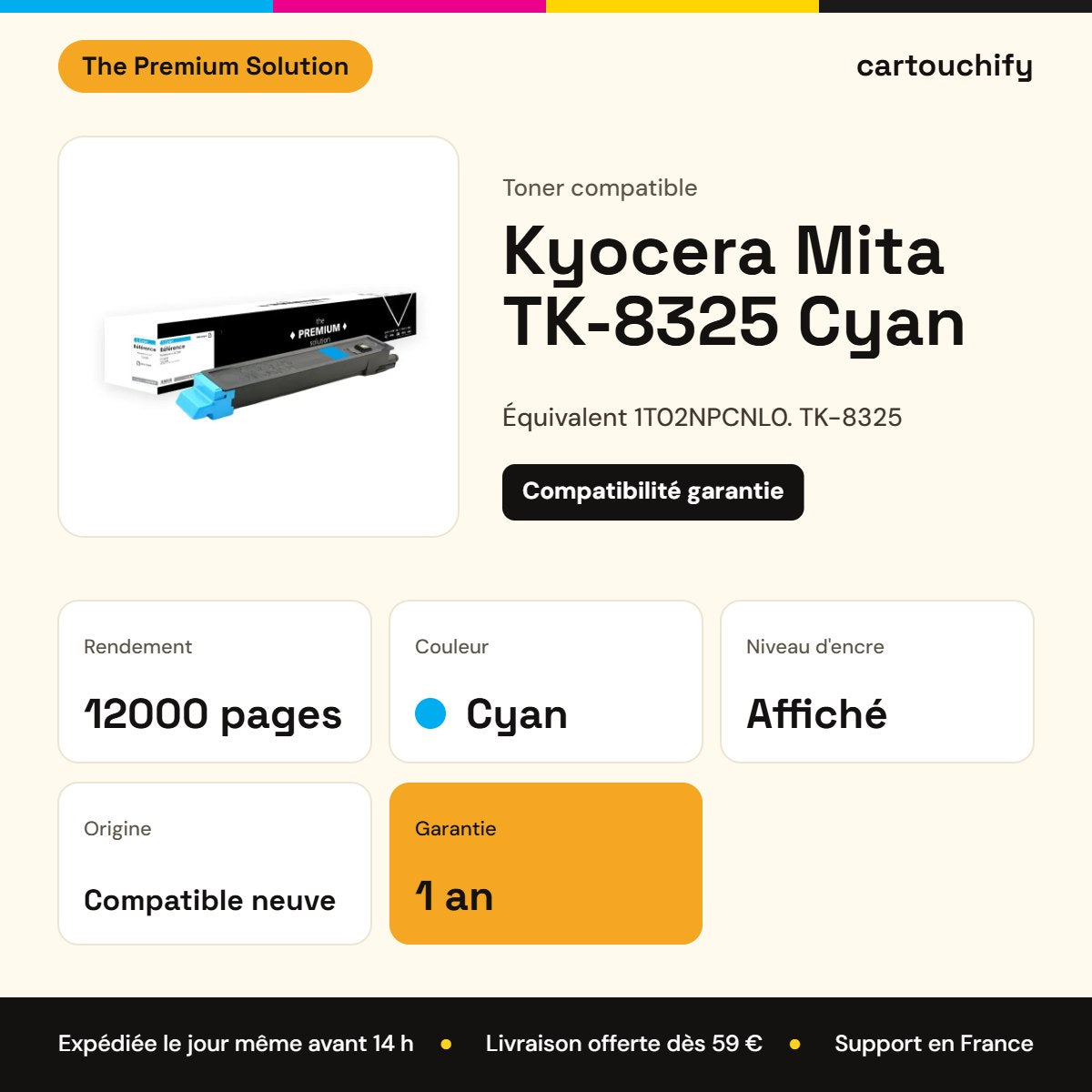 Kyocera Mita TK-8325 Toner Cyan compatible équivalent à 1T02NPCNL0 : caractéristiques