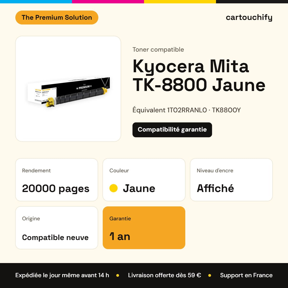 Kyocera Mita TK-8800 Toner Jaune compatible équivalent à 1T02RRANL0, TK8800Y : caractéristiques