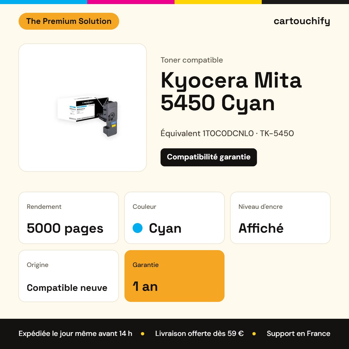 Kyocera Mita 5450 Toner Cyan compatible équivalent à 1T0C0DCNL0 : caractéristiques