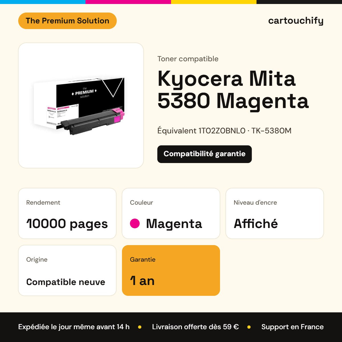 Kyocera Mita 5380 Toner Magenta compatible équivalent à 1T02Z0BNL0, TK-5380M : caractéristiques