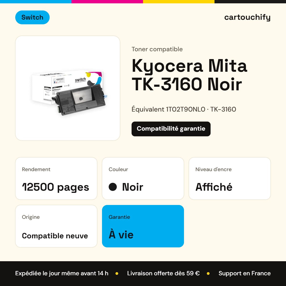 Kyocera Mita TK-3160 Toner Noir compatible équivalent à 1T02T90NL0 · Switch : caractéristiques